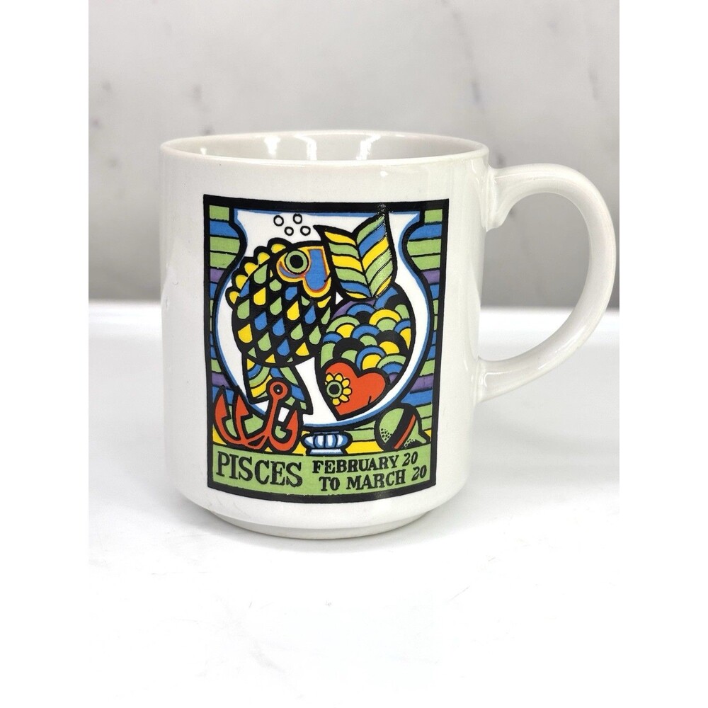 Vtg 70s Zodiac Coffee Mug Cup Astrology Horoscope PISCES MOD Japan RARE Retro